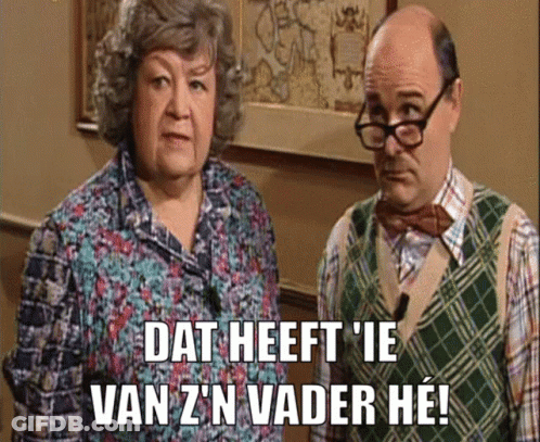 A Man And A Woman Standing Next To Each Other With The Words Dat Heeft Ie Van Z 'N Vader He GIF