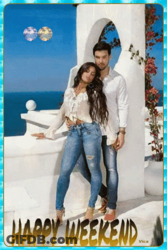 A Man And A Woman Standing Next To Each Other With The Words Happy Weekend On The Bottom GIF
