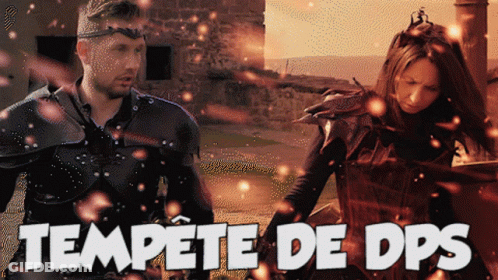 A Man And A Woman Standing Next To Each Other With The Words " Tempeste De Dps " Written On The Bottom GIF