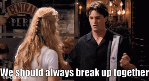 A Man And A Woman Standing Next To Each Other With The Words We Should Always Break Up Together GIF