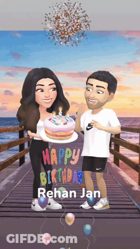 A Man And A Woman Standing On A Pier Holding A Birthday Cake With The Words Happy Birthday Rehan Jan Written On It GIF