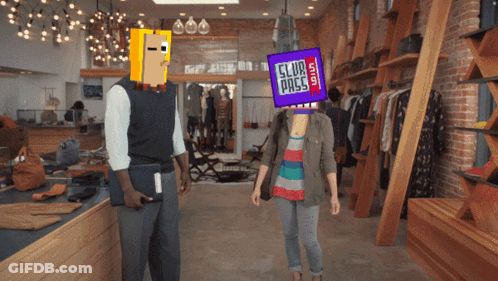 A Man And A Woman Walking In A Store With A Sign That Says Glur Pass On It GIF
