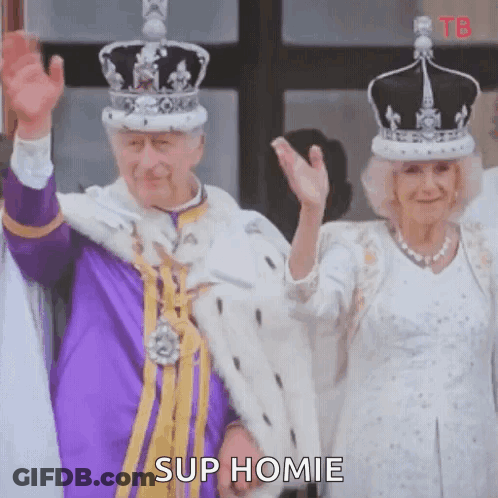 A Man And A Woman Wearing Crowns And Robes Are Waving . GIF