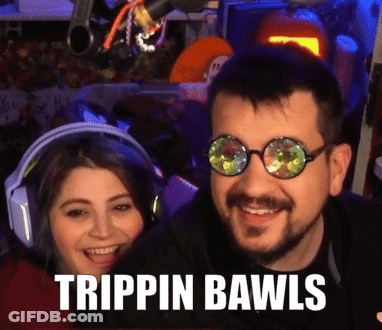 A Man And A Woman Wearing Headphones And Glasses With The Words Trippin Bawls On The Bottom GIF