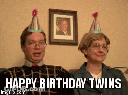 A Man And A Woman Wearing Party Hats With The Words Happy Birthday Twins Written On The Bottom GIF