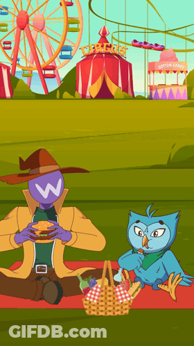A Man And An Owl Are Having A Picnic In Front Of A Carnival Tent That Says Cotton Candy GIF