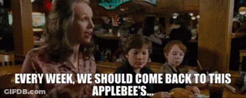 A Man And Two Children Are Sitting At A Table In A Restaurant With The Words Every Week We Should Come Back To This Appl GIF