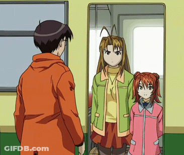 A Man And Two Girls Are Standing Next To Each Other In A Doorway GIF