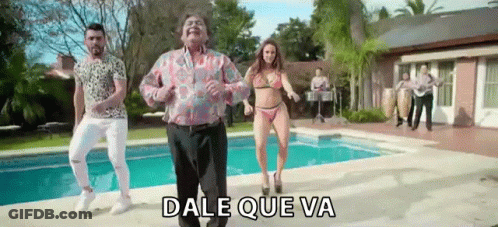 A Man And Two Women Are Dancing In Front Of A Swimming Pool With The Words Dale Que Va Above Them . GIF