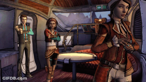 A Man And Two Women Are Standing In A Room With A Sign That Says " Exit " GIF