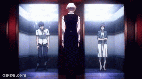 A Man And Two Women Are Standing In An Elevator Looking At Each Other . GIF
