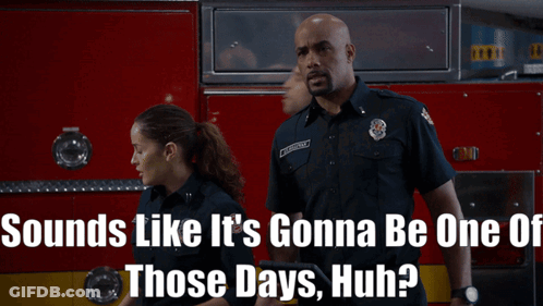 A Man And Two Women Standing In Front Of A Fire Truck With The Caption Sounds Like It 'S Gonna Be One GIF