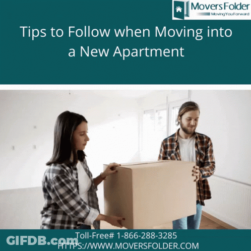 A Man And Woman Are Carrying A Cardboard Box In A New Apartment GIF