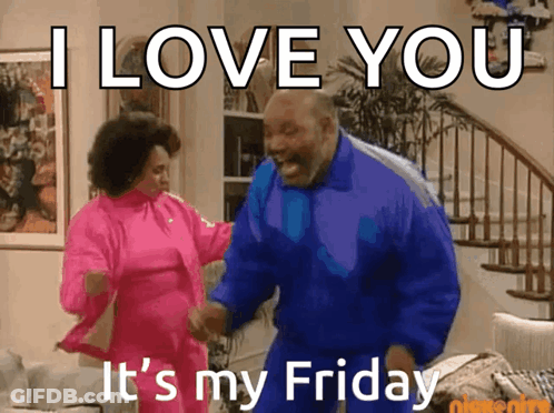 A Man And Woman Are Dancing In A Living Room With The Words " I Love You It 'S My Friday " Above Them GIF
