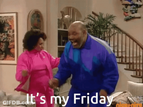 A Man And Woman Are Dancing In A Living Room With The Words It 'S My Friday GIF