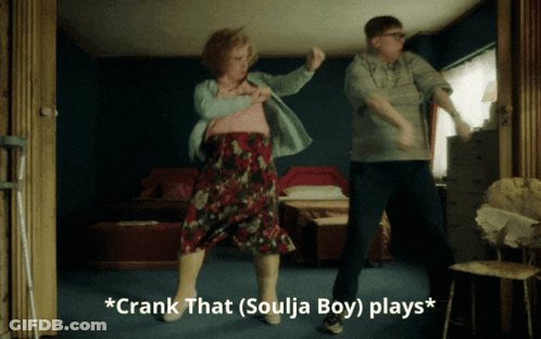 A Man And Woman Are Dancing In A Room With The Words * Crank That Soulja Boy Plays * Below Them GIF