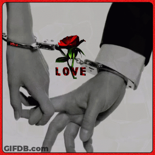 A Man And Woman Are Handcuffed Together And The Word Love Is On The Bottom Right GIF