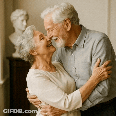 A Man And Woman Are Hugging And Smiling With A Bust In The Background GIF