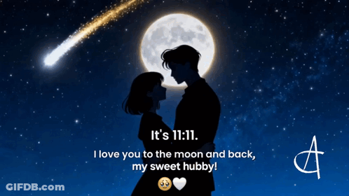 A Man And Woman Are Hugging In Front Of A Full Moon And A Falling Star GIF