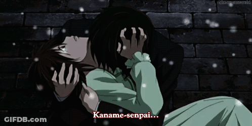 A Man And Woman Are Hugging With Kaname-Senpai Written On The Bottom Right GIF