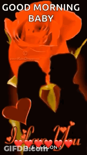 A Man And Woman Are Kissing In Front Of An Orange Rose And Hearts . GIF