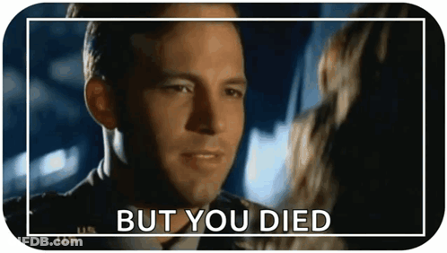 A Man And Woman Are Looking At Each Other With The Words But You Died Written Below Them GIF