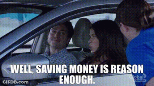 A Man And Woman Are Sitting In A Car Talking To Each Other . GIF