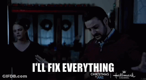 A Man And Woman Are Standing In A Dark Room With The Words I 'Ll Fix Everything Above Them GIF