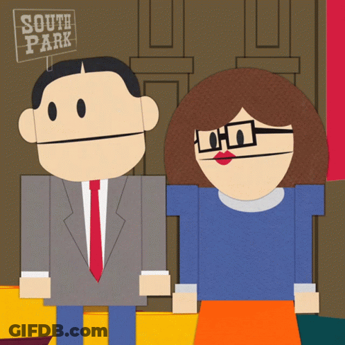 A Man And Woman Are Standing In Front Of A South Park Sign GIF