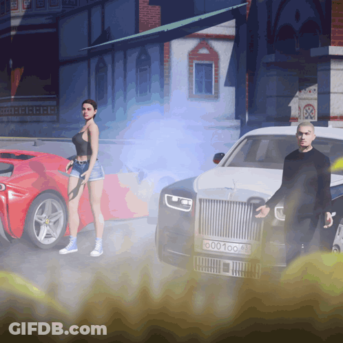 A Man And Woman Are Standing Next To A Rolls Royce GIF