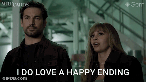 A Man And Woman Are Standing Next To Each Other And The Woman Is Saying I Do Love A Happy Ending GIF