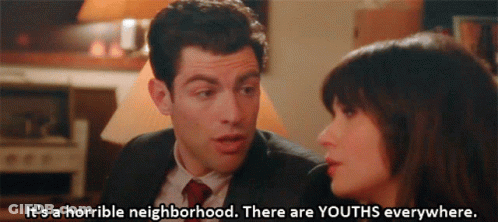 A Man And Woman Are Talking And The Man Says It 'S A Horrible Neighborhood GIF
