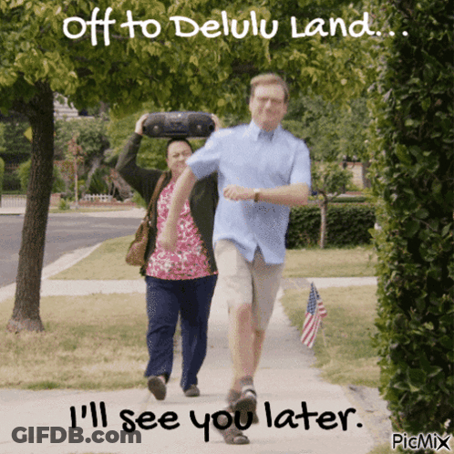 A Man And Woman Are Walking Down A Sidewalk With A Caption That Says Off To Delulu Land GIF