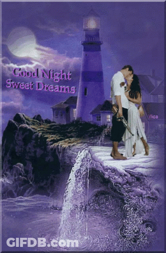 A Man And Woman Kissing In Front Of A Lighthouse With The Words Good Night Sweet Dreams GIF