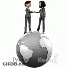 A Man And Woman Shake Hands On Top Of A Globe GIF
