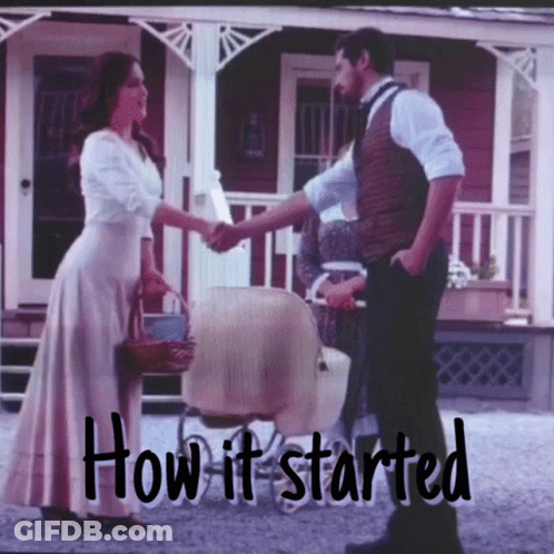 A Man And Woman Shaking Hands In Front Of A House With The Words " How It Started " Below Them GIF