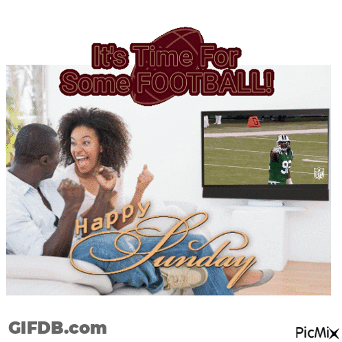 A Man And Woman Sitting On A Couch Watching A Football Game With The Words It 'S Time For Some Football Happy Sunday GIF