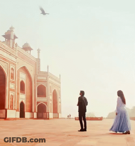 A Man And Woman Standing In Front Of A Building With A Bird Flying In The Sky GIF
