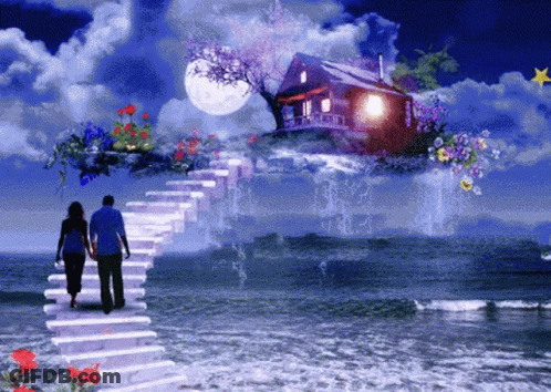 A Man And Woman Walking Up Stairs To A House GIF