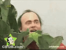 A Man Behind A Plant With A Star In The Corner That Says " Live " GIF