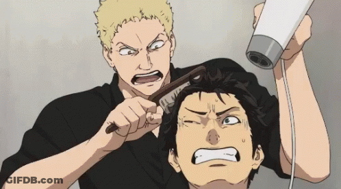 A Man Brushing Another Man 'S Hair While Holding A Hair Dryer GIF
