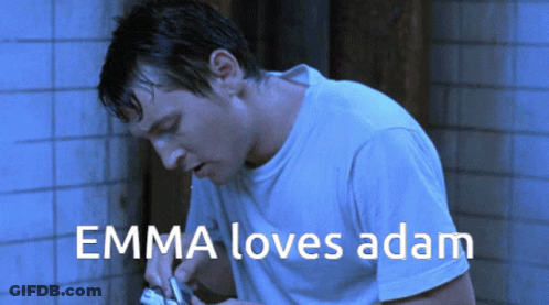 Man Brushing Teeth With Emma Loves Adam Text GIF