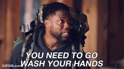 A Man Carrying A Backpack With The Words You Need To Go Wash Your Hands Above Him GIF
