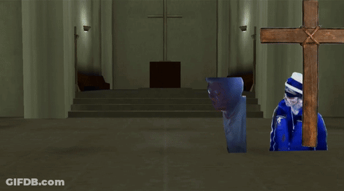 A Man Carrying A Cross In A Church With The Words " The Power Of Christ Compels You " Below Him GIF