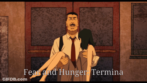 A Man Carrying A Woman In His Arms With The Words Fear And Hunger Termina On The Bottom GIF