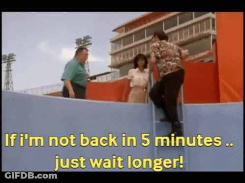 A Man Climbs Up A Ladder With The Words " If I 'M Not Back In 5 Minutes Just Wait Longer " GIF