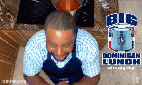 A Man Cooking In Front Of A Pot That Says Big Dominican Lunch With Big Papi GIF