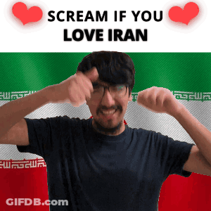 A Man Covering His Ears In Front Of An Iran Flag With The Words Scream If You Love Iran GIF
