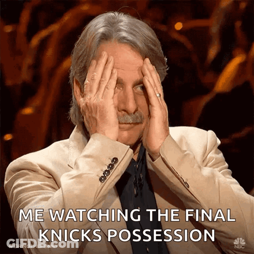 A Man Covering His Eyes With His Hands And The Words Me Watching The Final Knicks Possession Above Him GIF