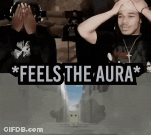 A Man Covering His Face Behind A Sign That Reads " Feels The Aura " GIF